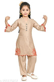 Brown polycotton kids kurti pant set with three-quarter sleeves and embroidered net pattern. Medium size for ages 6-7 years, displayed on a hanger