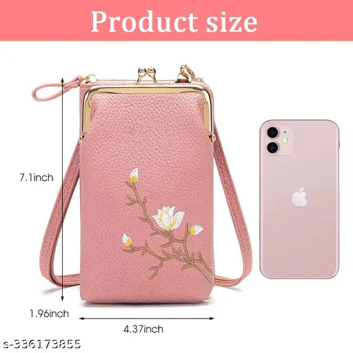 A small pink crossbody bag with a credit card slot and a kiss lock, suitable for cell phones