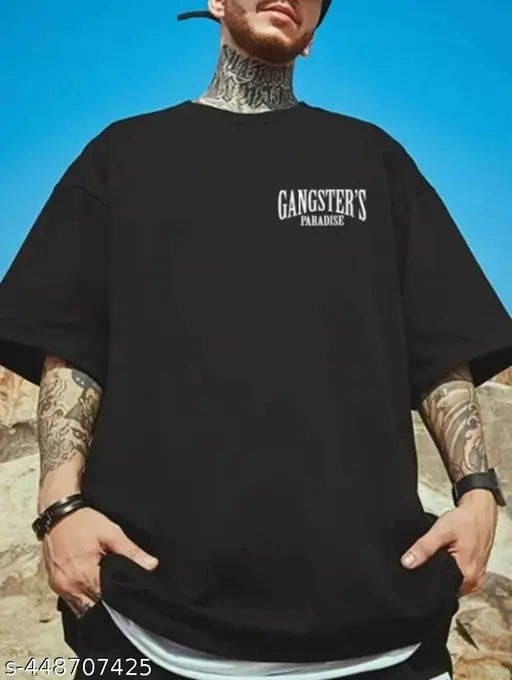 Black boxy printed cotton t-shirt, Adel Men's 3/4 sleeve with round neck, trendy and breathable quality