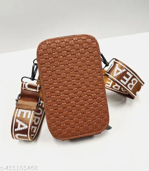 Brown woven fabric sling wallet with adjustable strap
