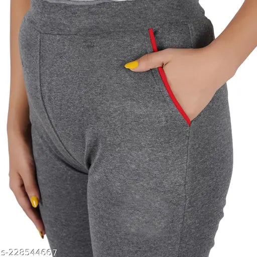 Women's cotton lower track pants with pockets on both sides, gray color