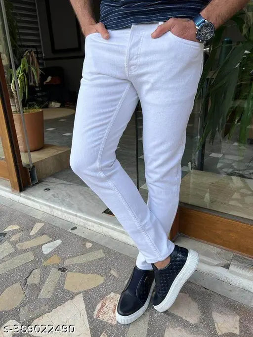 High-quality denim men's white jeans for versatile style and comfort, ideal for casual or smart-casual wear. Machine washable with functional pockets and practical length of 40 inches. Available in sizes 30 and 32. Made in India