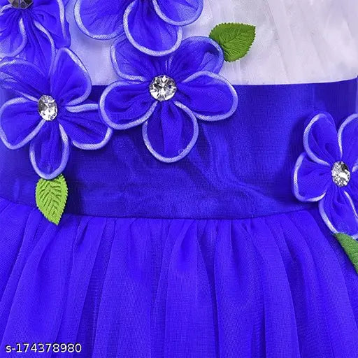 Silver kraft baby girl's dress with floral appliqués, blue trim, and feather details, knee length
