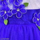 Silver kraft baby girl's dress with floral appliqués, blue trim, and feather details, knee length