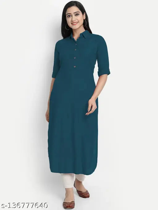 Solid rayon kurti, long sleeve, knee length