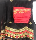 Hand-embroidered net saree with solid art silk blouse, intricate Sakhi embroidery on Indian free size, length 5.5m, 0.8m blouse