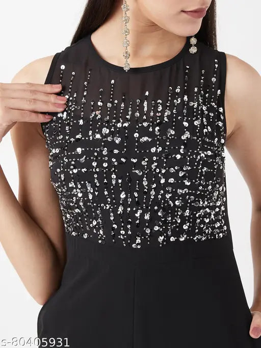 Black Georgette sleeveless wide-leg jumpsuit by Miss Chase, India