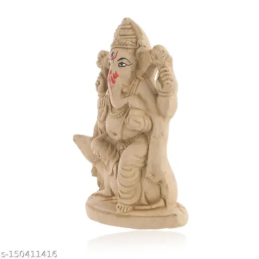 Handcrafted beige Ganesh idol, mud material, for Visarjan, decorative shrine.
