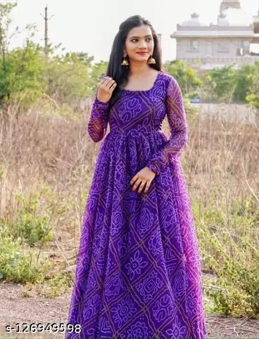 Blue Georgette Bandhni Styles Kurti, long sleeves, printed combo, digital print, 52" inner length, available in S-XXXL (36in - 44in bust sizes)