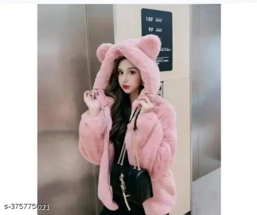 Wool women's slim fit casual fur jacket, solid color, long sleeves - size S (bust 28in, length 36in), made in India