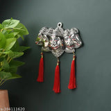 Silver-finished Gellon Panchmukhi Hanuman Ji statue, intricately designed for door entrances and wall hangings, adorned with silk latakan (20x18x5 cm)