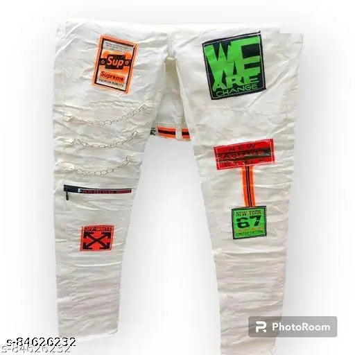 Mens cotton jeans, trendy placement print bottom wear for men. Style: 28 inch waist, 42 inch length or 30 inch waist, 42 inch length. Indian origin