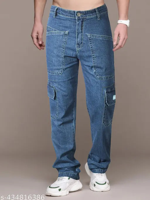 RIGBONE Men's Navy Blue Lycra Cargo Jeans - Regular fit, all-day comfort, solid pattern, size 28 (Waist: 29in, Length: 42in, Hip: 34in), made in India
