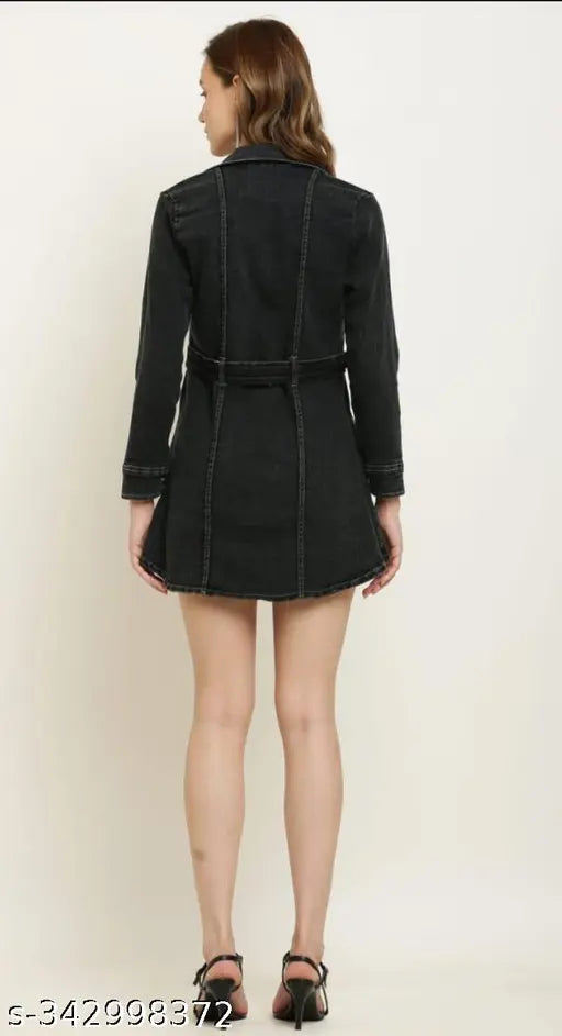 Denim V-neck long jacket, solid pattern, women's fashion, XS-XL sizes, India-made