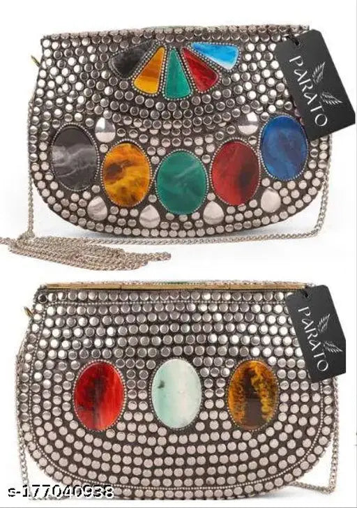 Gold-toned metal clutch with colorful stones, multiple pockets