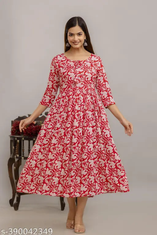 Women's long, flared red and beige printed maxi dress