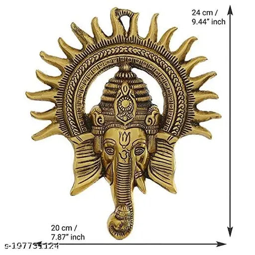 Golden metal Ganesh statue idol for wall decor, Lucky Feng Shui showpiece figurine, Indian origin