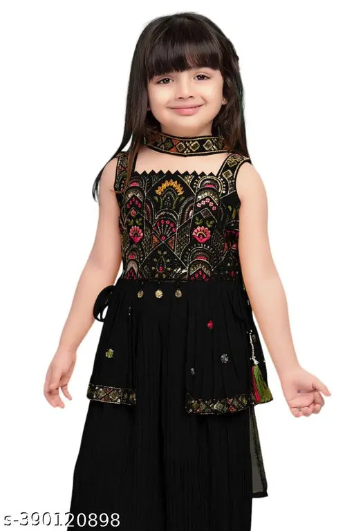 Black sequins and multicolor thread work peplum top and afghani set for girls in Georgette fabric, A-line shape with dhoti pants and sleeveless design. Available sizes: 2-3Y, 4-5Y, 8-9Y, 9-10Y, 10-11Y, 12-13Y, 14-15Y. Indian origin