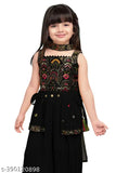 Black sequins and multicolor thread work peplum top and afghani set for girls in Georgette fabric, A-line shape with dhoti pants and sleeveless design. Available sizes: 2-3Y, 4-5Y, 8-9Y, 9-10Y, 10-11Y, 12-13Y, 14-15Y. Indian origin