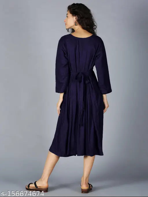 Maroon navy blue maternity jumpsuit, waist tie, knee-length skirt