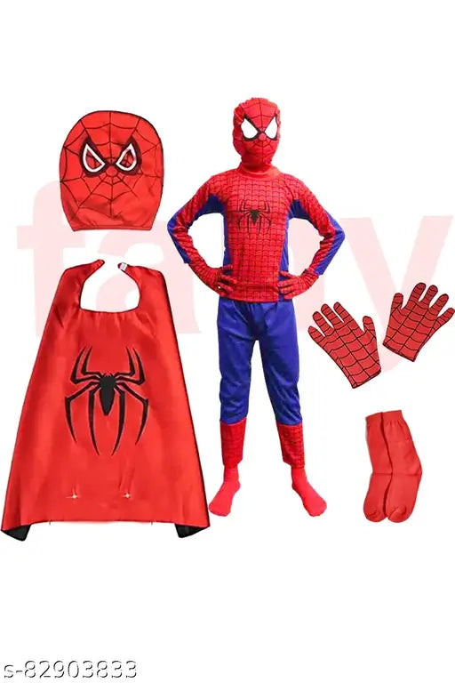 Spiderman costume for kids, includes jacket, trousers, shirt, gloves, socks, mask, cape; suitable for 2-12 year olds