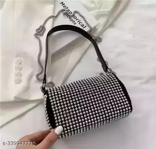 Black crossbody bag with sequins, chain straps