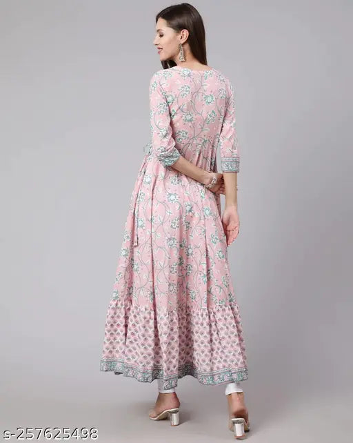 Pink flared Anarkali kurti, cotton three-quarter sleeve, printed combo. Surya Women's kurti on display." (118 characters)