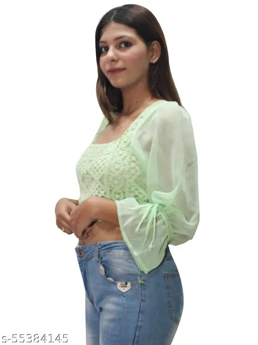 Green Georgette square neck tunic, lace net detail on slim women