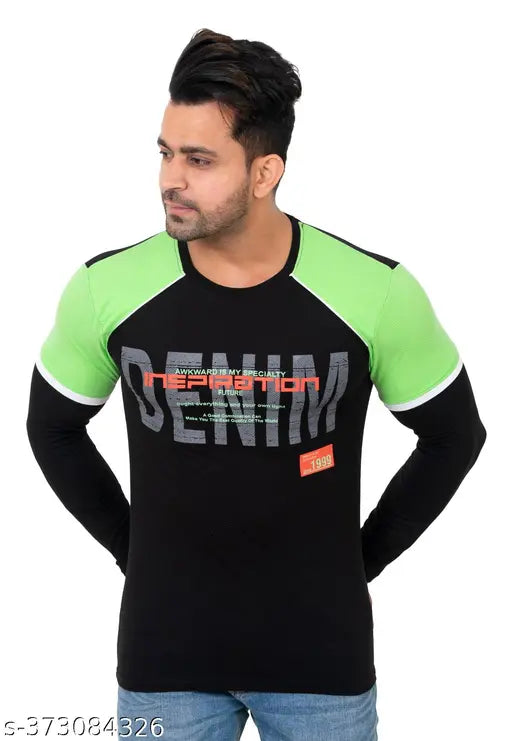 Indian-made men's cotton blend full sleeve round neck summer casual wear T-shirt with printed net pattern, ideal for a stylish look." (123 characters)