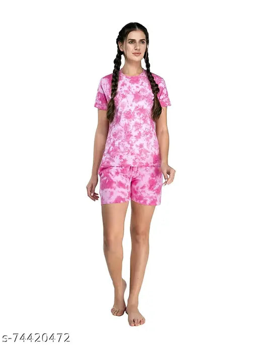 Evolove Women's Cotton Tie-Dyed Tshirt & Short Set - S to XXL, cloud printed, round neck, mid length, easy-to-wear nightwear