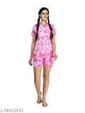 Evolove Women's Cotton Tie-Dyed Tshirt & Short Set - S to XXL, cloud printed, round neck, mid length, easy-to-wear nightwear
