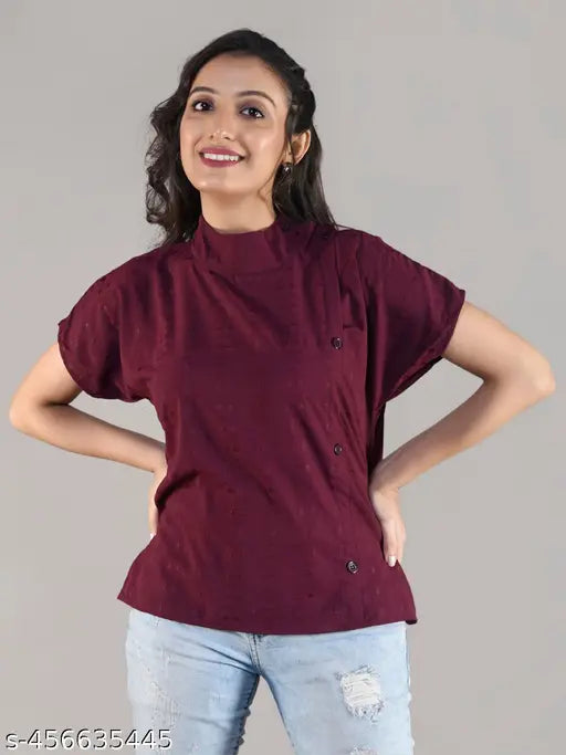 Women's fashionable crepe short-sleeve high neck shirt, solid color in quality fabric, ideal for parties, festivals, or casual wear. Made in India