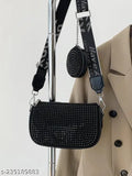 Black rhinestone crossbody bag, with a chain link strap, multiple card slots, and a coin purse