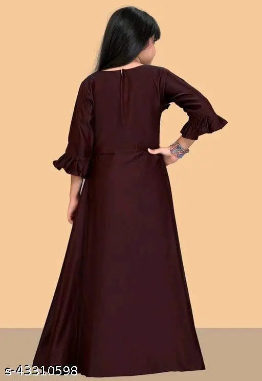 Maroon silk ethnic gown for baby girls, solid pattern, three-quarter sleeves, India-made, size 7-8 years