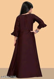 Maroon silk ethnic gown for baby girls, solid pattern, three-quarter sleeves, India-made, size 7-8 years