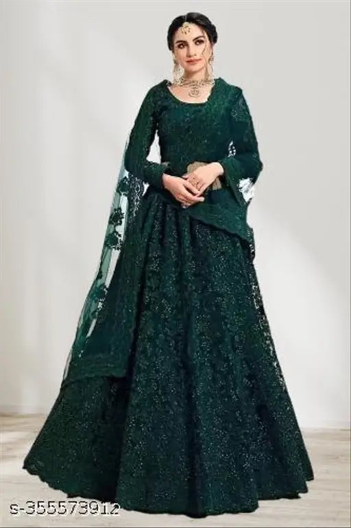 Embroidered net lehenga choli and dupatta, semi-stitched Indian bridal wear with a 44m waist, 42m length, and 2.2m dupatta