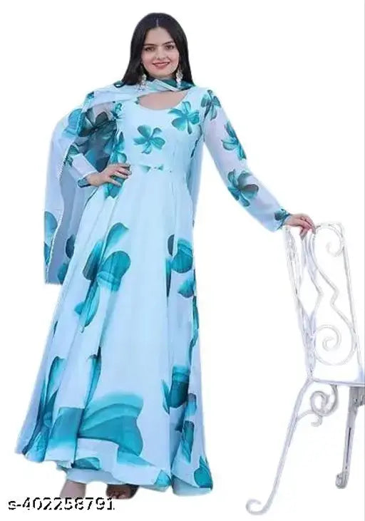 Women Floral Print Anarkali Gown (Sky Blue) |