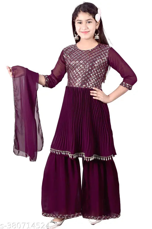 Embellished A-line georgette Sharara set for girls, traditional Indian ethnic wear with dupatta