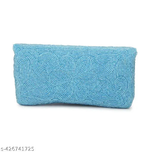 Beaded blue fabric women's clutch purse
