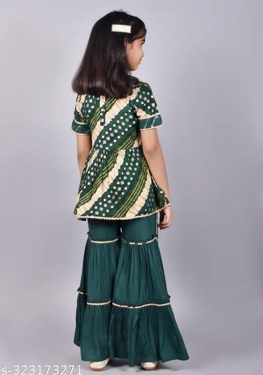 Misbis Girls Rayon Printed A-line Kurta & Sharara Set - Indian party wear, V-neck, sleeveless, bandhani print, suitable for all occasions like weddings and birthdays