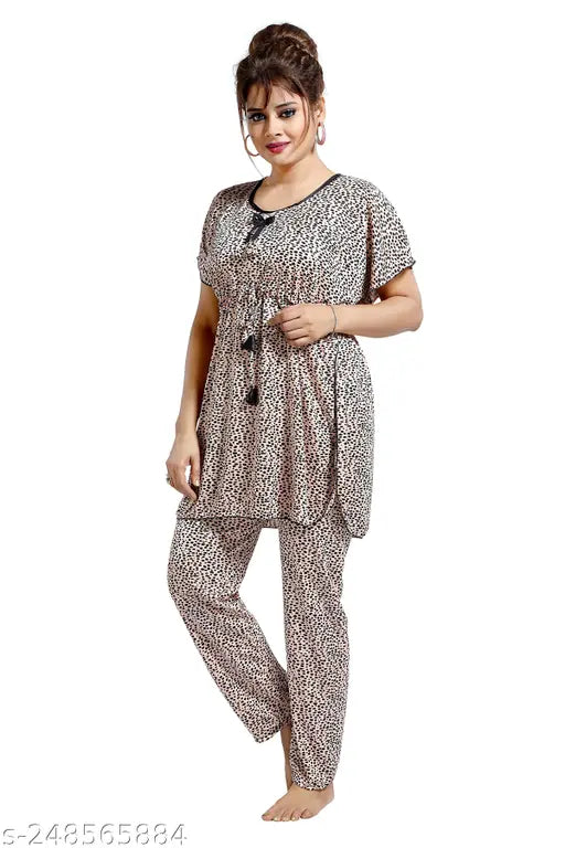 Printed satin kaftan nightsuit with pyjama set for women, soft, comfortable, and made in India