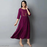 Long, royal purple rayon embroidered kurta with long sleeves and embellished neckline