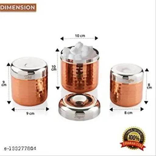 Three-piece copper jar container set for tea, sugar, coffee, dry fruits, masala storage set organizer with measurements: 10cm x 10cm x 10cm