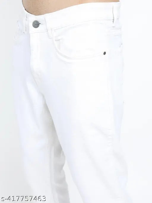 Ketch Men's tapered white cotton jeans, stretchable fit and solid pattern, size 32/38 (waist 32in, length 38in, hip 38in) or size 34/40 (waist 34in, length 40in, hip 40in), made in India