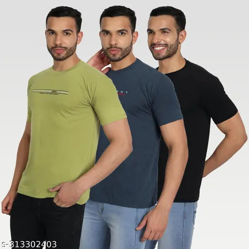 Green cotton blend Zeffit mens typography round t-shirt pack 3 - versatile, quick choice for formal or casual wear