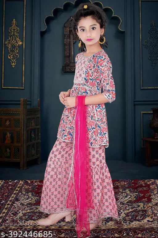 Akram Garments girls' cotton silk kurta sharara & dupatta set, self-design, three-quarter sleeves. Indian readymade kids wear for various seasons and occasions