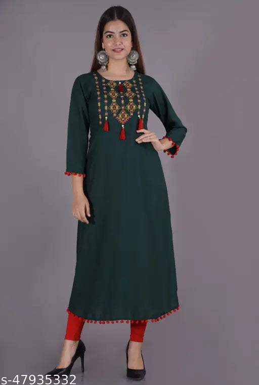 Green rayon embroidered anarkali kurta with paisley designs, long sleeve, straight cut, full length