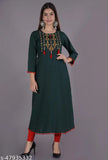 Green rayon embroidered anarkali kurta with paisley designs, long sleeve, straight cut, full length