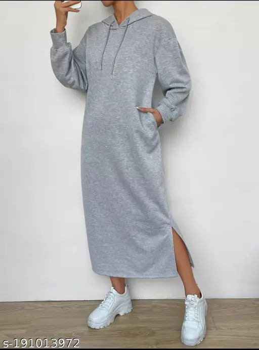 Stylish fleece long hoodie dress/nightwear for winters, perfect for airports or cozy winter nights (India)