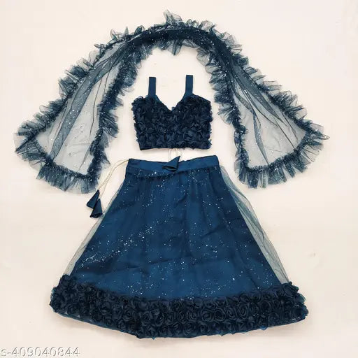 Embellished semi-stitched net lehenga and dupatta set in super net fabric, Indian traditional clothing for girls aged 6-10 years